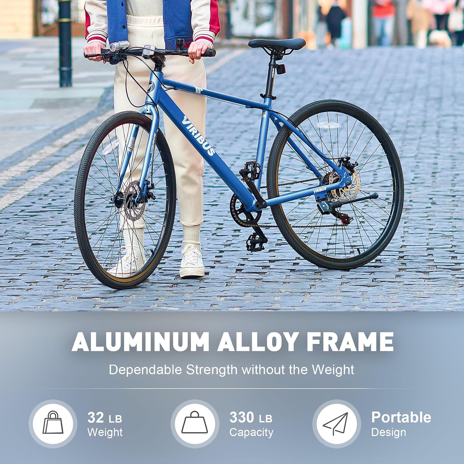 VIRIBUS Hybrid Bikes, 28 inch Mens Bike with Lightweight Aluminum Frame and Disc Brakes, 700C Bikes for Tall Men, 7 Speed Vintage Retro Hybrid Bicycles for City Commuters, Adult Road Bike, Blue