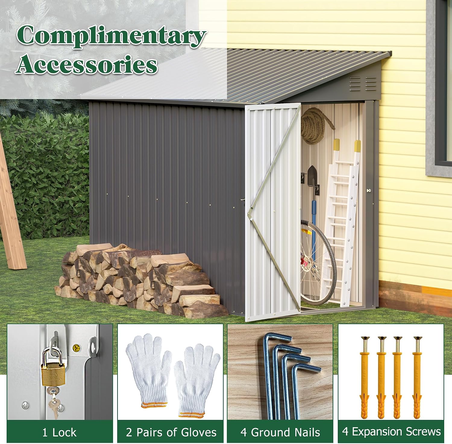 Lean to Storage Shed 4x8 FT Metal Sheds & Outdoor Storage Cabinet Lockable Tool Organization Bike Mower Shed Portable Outside for Garden Patio, Grey