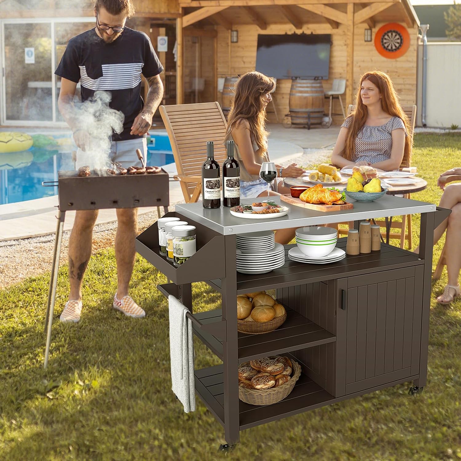 Giantex Outdoor Grill Cart with Storage Cabinet & Shelves, Patio Kitchen Island Table with Stainless Steel Top, Spice & Towel Rack, Movable Pizza Oven Stand on Wheels, Rolling Bar Cart BBQ Prep Table