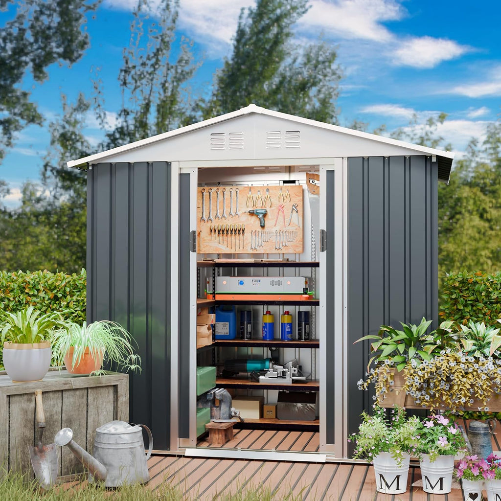 6FT x 4FT Outdoor Sheds Storage Anti-Corrosion Utility Tool House with Lockable Door & Shutter Vents Outdoor Waterproof Garden Tool Metal Storage Sheds（with Metal Foundation）