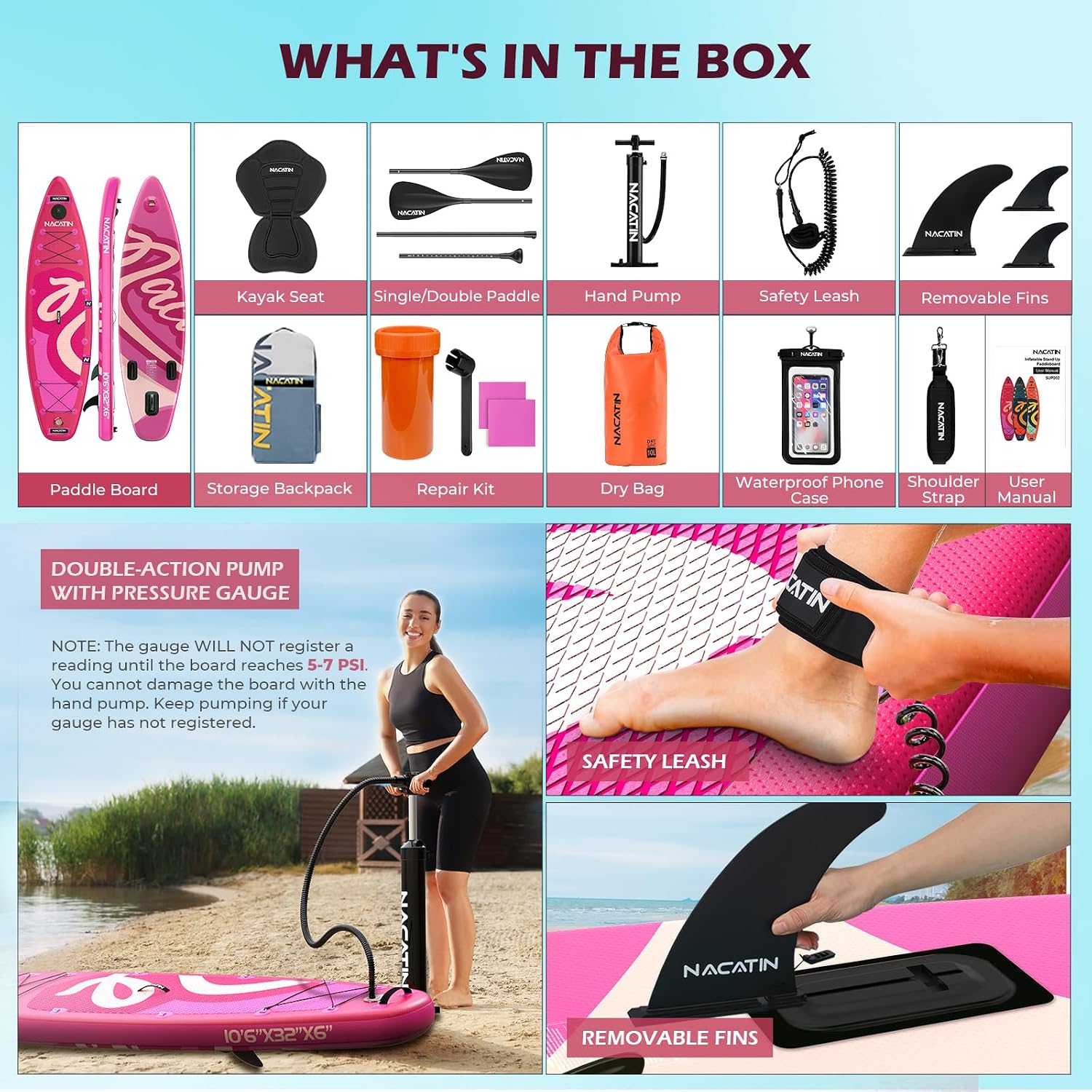 NACATIN Inflatable Stand Up Paddle Board,10'6'Upgrade Version Blow Up Paddle Boards for Adults with Premium SUP Accessories& Backpack,Adjustable Paddle,Camera Mount,Hand Pump, for Lake, River, Yoga