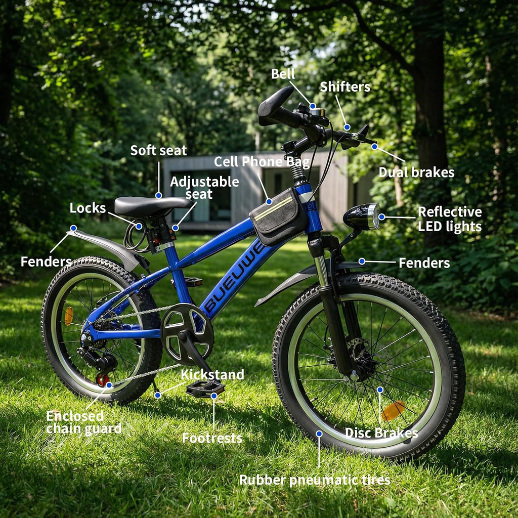 Kids Bike for Boys & Girls Ages 7–12, 20/24 Inch Mountain Bicycle with 7-Speed Gear, Dual Disc Brakes, Suspension Fork, LED Headlight – Youth Bike for Outdoor Riding