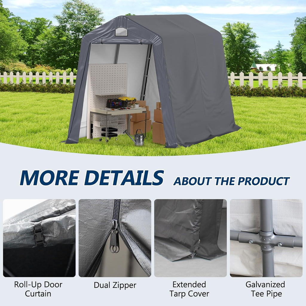 COVERONICS 7' x 12' Outdoor Storage Shed - Heavy Duty Portable Shelter Carport with Ventilation Windows and Roll-up Doors, Storage Shelter Tent for Motorcycle, Bike, Lawnmower and Garden Tools, Grey