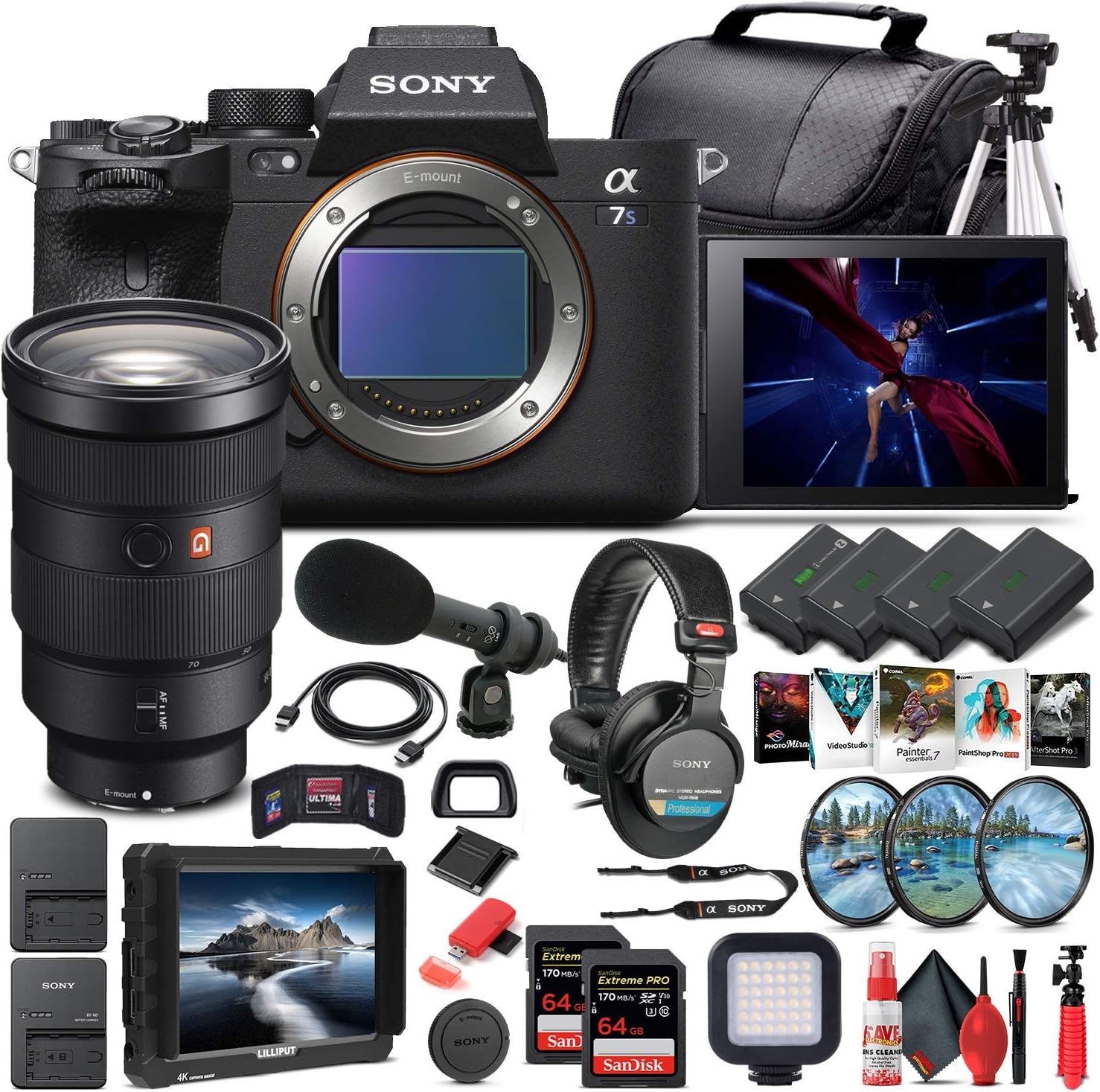 Sony Alpha a7S III Mirrorless Digital Camera (Body Only) (ILCE7SM3/B) + Sony FE 24-70mm Lens + 4K Monitor + Pro Headphones + Pro Mic + 2 x 64GB Memory Card + 3 x NP-FZ-100 Battery + More (Renewed)