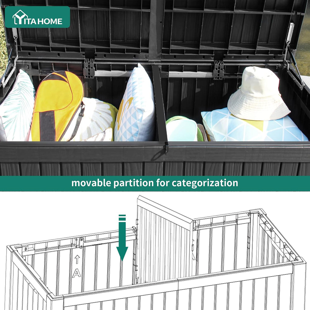 YITAHOME 180 Gallon Large Outdoor Storage XL Deck Box w/Divider for Patio Furniture,Outdoor Cushions, Garden Tools, Sports Equipment and Pool Supplies, Waterproof, Resin, Lockable, Black