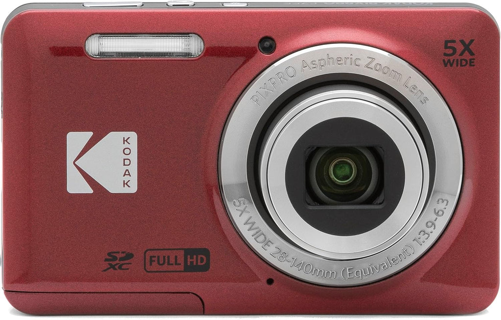 Kodak PIXPRO FZ55 Red 16MP Digital Camera 5X Optical Zoom 28mm Wide Angle 1080P Full HD Video 2.7' LCD Camera + 64GB Card and Reader + Memory Wallet + Tripod + Cleaning Bundle