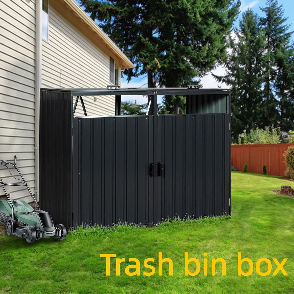 55.1 Cu.Ft Outdoor Trash Can Storage Shed, Metal Trash Can Storage Bin with Spring Chain Lid for Garbage Storage, Waterproof Storage Shed Stores for 2 Trash Cans, Garden Tools, Black