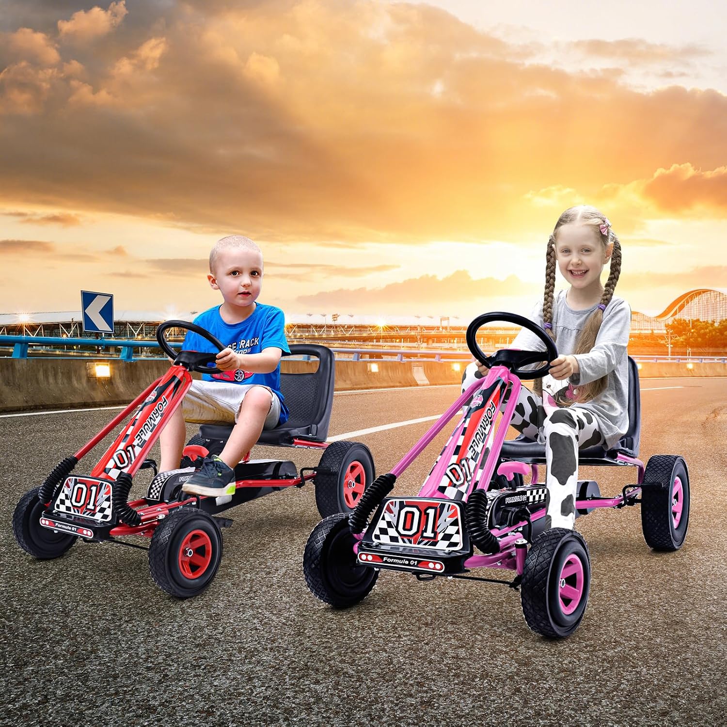 HONEY JOY Go Kart for Kids, 4 Wheel Quad Off-Road Pedal On Foot Go Cart w/Steering Wheels & Adjustable Seat, 2 Safety Brakes, EVA Tires, Clutch, Outdoor Racer Ride On Pedal Car (Red)