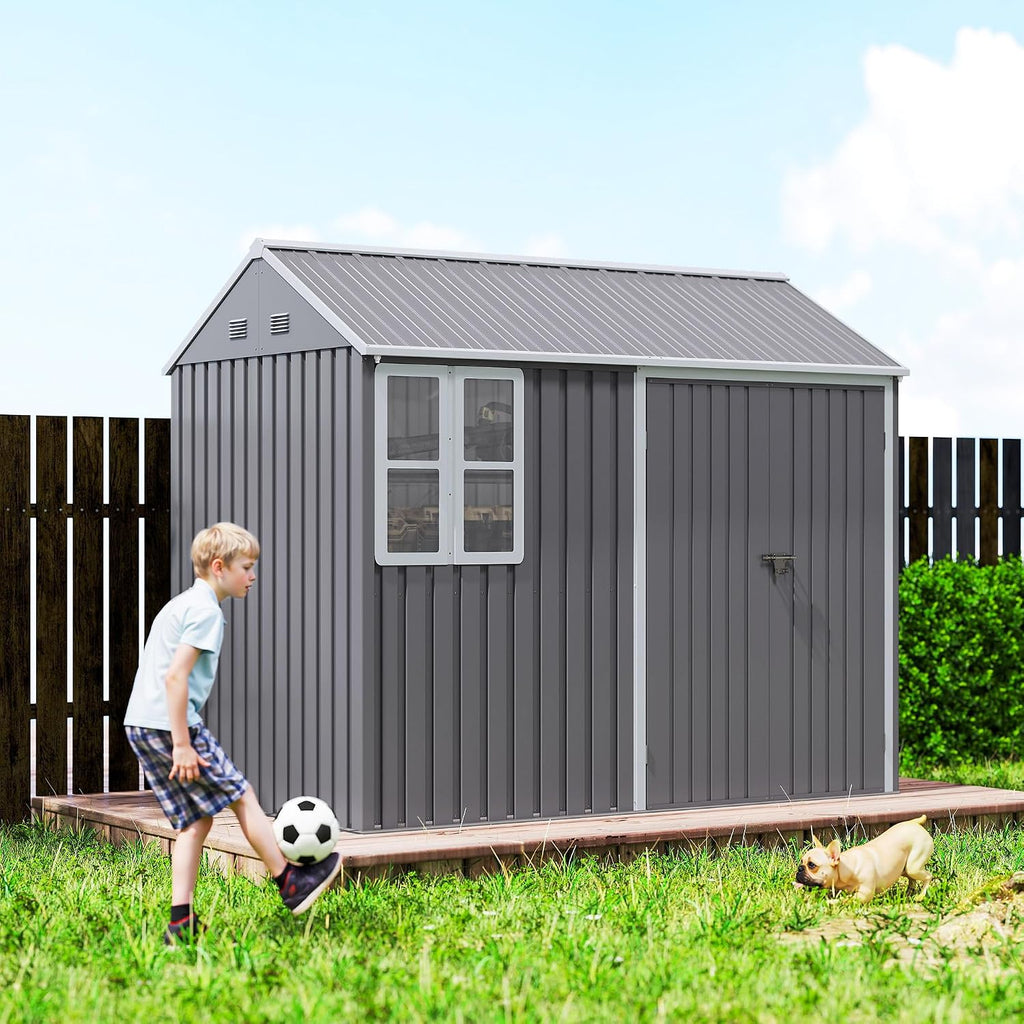Outsunny 8' x 5.5' Outdoor Storage Shed, Metal Garden Shed with Window & Double Lockable Door, Outdoor Tool Shed Storage with Sloped Roof for Backyard, Patio, Garage, Lawn, Gray