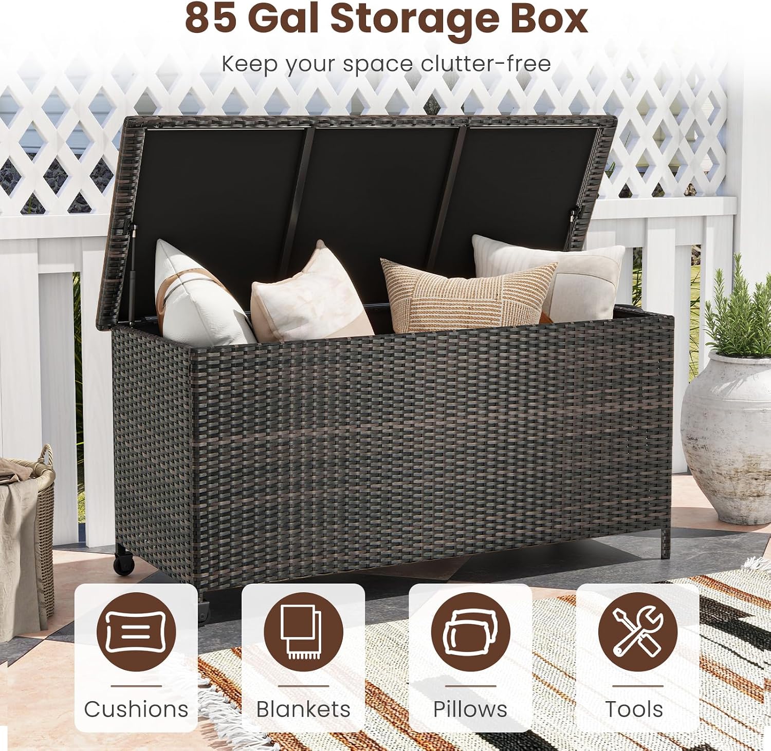Tangkula Rattan Deck Box, 85 Gallon Storage Container with Waterproof Liner, Wheels & Gas Strut, Indoor Outdoor Wicker Storage Cabinet, Storage Furniture for Pillows, Cushions (Brown)
