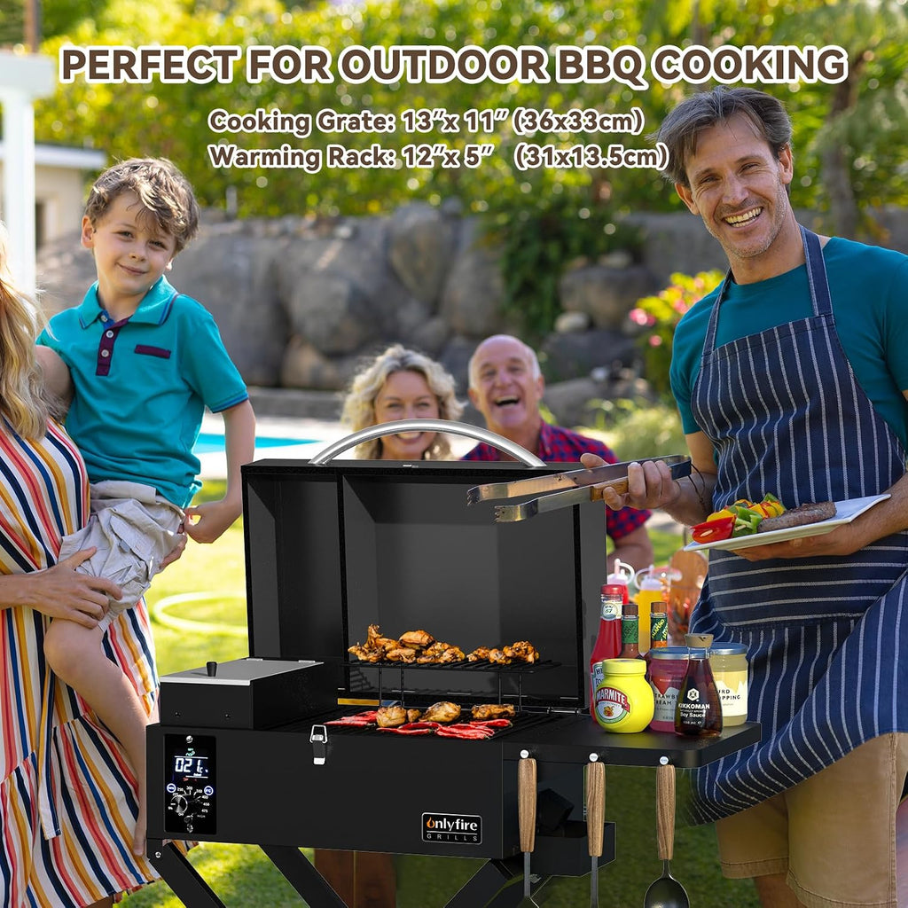 ONLYFIRE GRILLS BBQ Wood Pellet Grill Smoker with Foldable Cart, Meat Probe, 2 Tiers Cooking Area, Portable Grilling Stove for Outdoor Kitchen Cooking Smoke and Roast, RV Camping, Black GS343