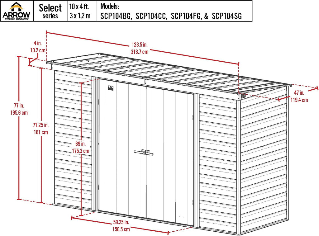 Arrow Select 10' x 4' Outdoor Lockable Steel Storage Shed Building, Charcoal