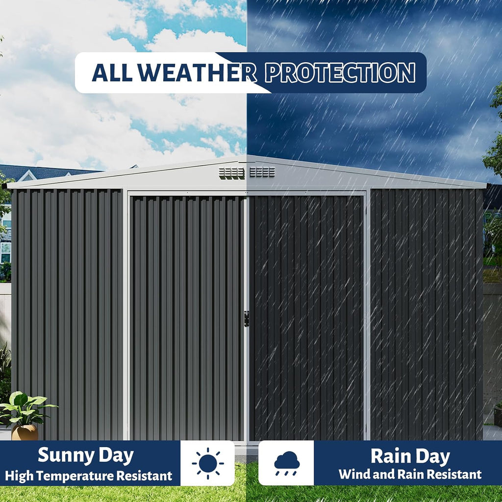 GarveeLife 9x12 Shed for Outdoor Storage, Galvanized Steel Metal Tool Sheds House with Lockable Doors, Lock & Air Vent, Large Utility Sheds for Patio Garden Lawn (9x12.6, Grey)