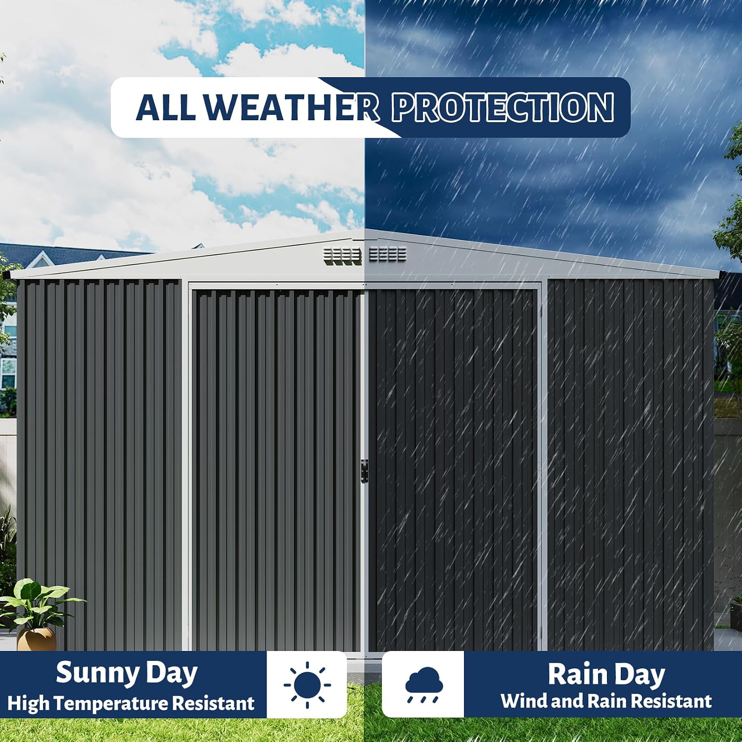 GarveeLife 9x12 Shed for Outdoor Storage, Galvanized Steel Metal Tool Sheds House with Lockable Doors, Lock & Air Vent, Large Utility Sheds for Patio Garden Lawn (9x12.6, Grey)