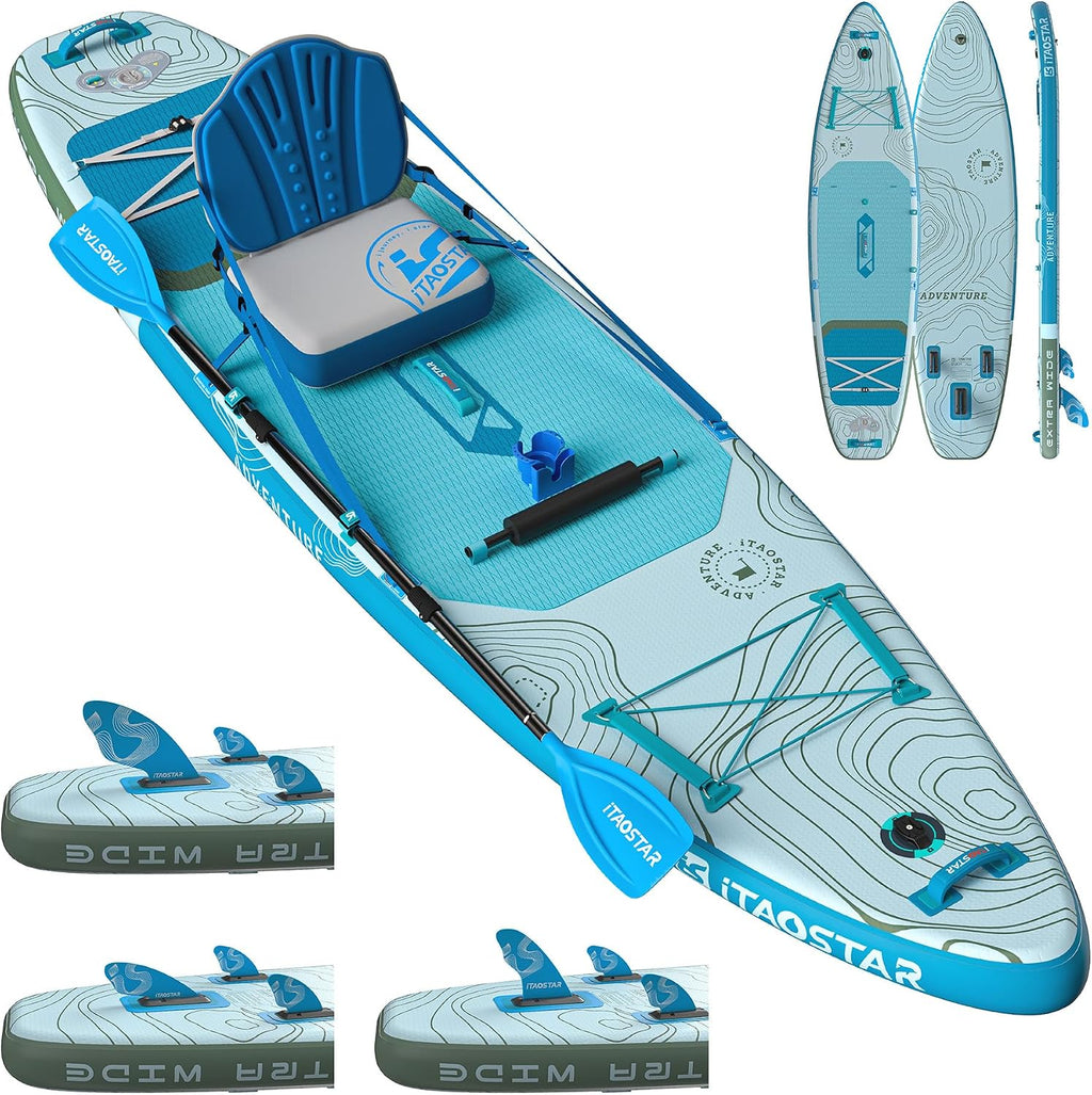 iTAOSTAR Adventure 12' × 35'/39' Inflatable Stand Up Paddle Board with Seat, Extra Wide SUP Board with 5 Fins Stable Design for Adults, Youth, All Skill Levels, Lakes, Oceans & Fishing