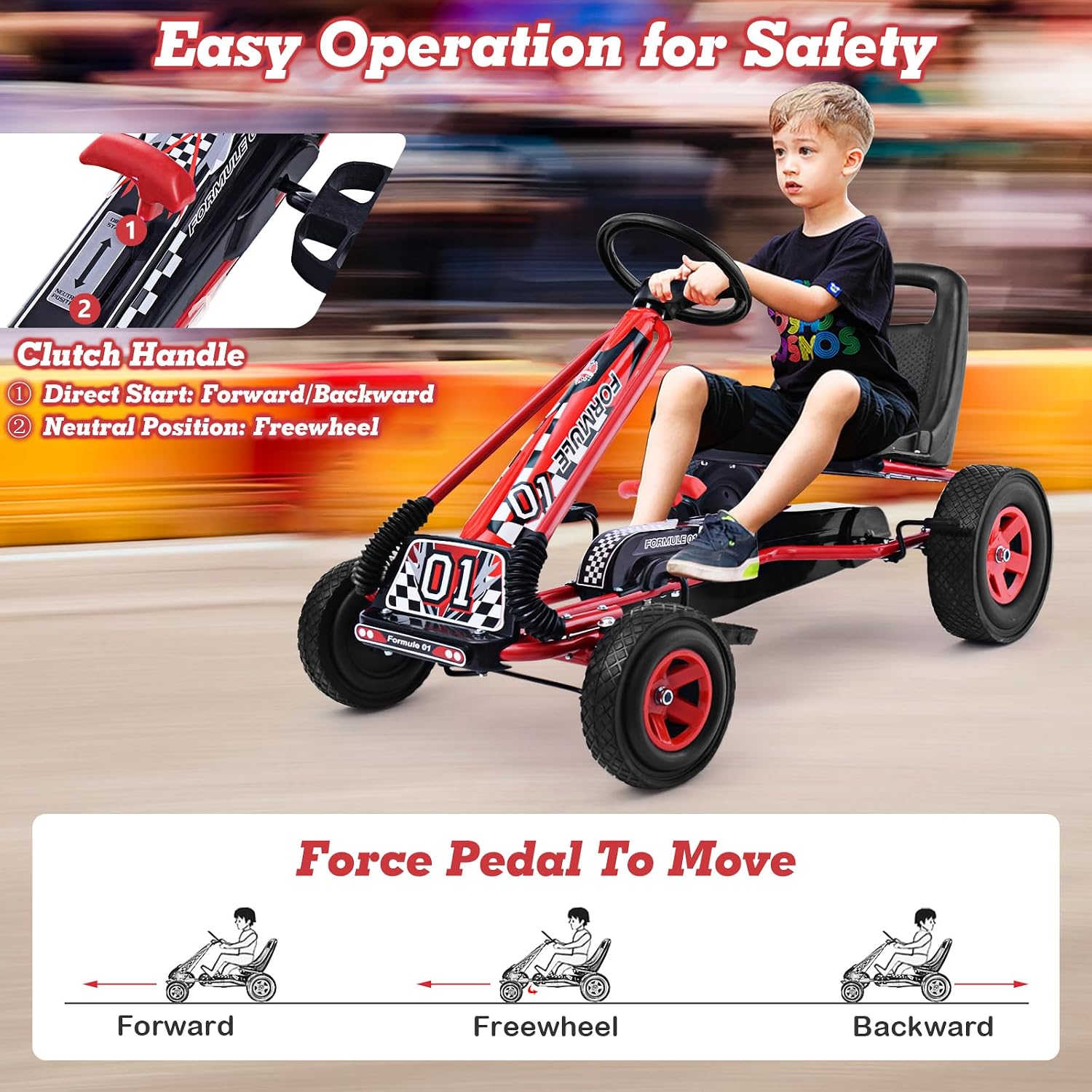 HONEY JOY Go Kart for Kids, 4 Wheel Quad Off-Road Pedal On Foot Go Cart w/Steering Wheels & Adjustable Seat, 2 Safety Brakes, EVA Tires, Clutch, Outdoor Racer Ride On Pedal Car (Red)