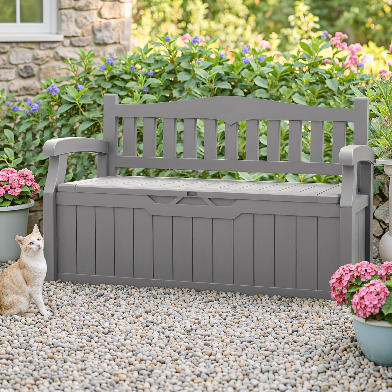 Homall 75 Gallon Outdoor Storage Benches Lockable Deck Box with Waterproof and UV Resistant, Waterproof Storage Box for Patio Furniture, Tools, Cushions (Grey)