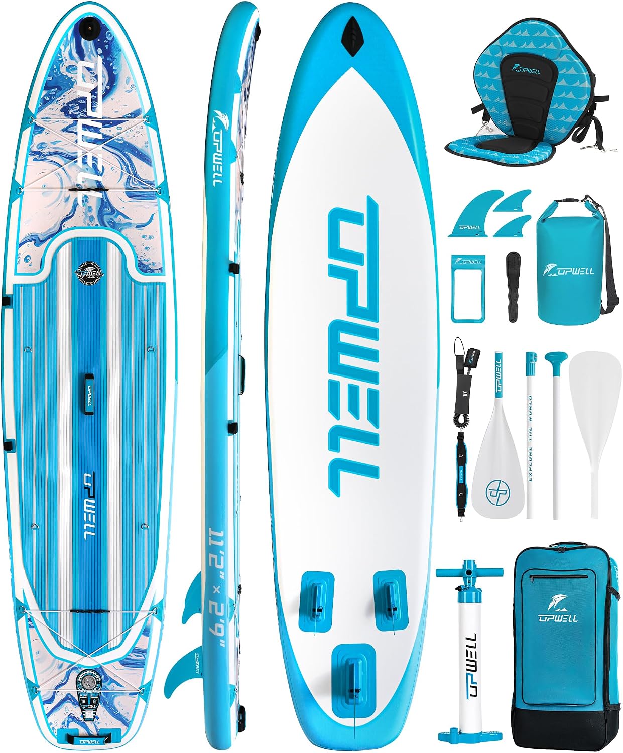 UPWELL 11'6'/11'2'/11'/10'8'/10'6'/10'2' Inflatable Stand Up Paddle Board with sup Accessories Including Backpack, Repairing Kits, Non-Slip Deck, Leash, 3 Fins, Paddle and Hand Pump
