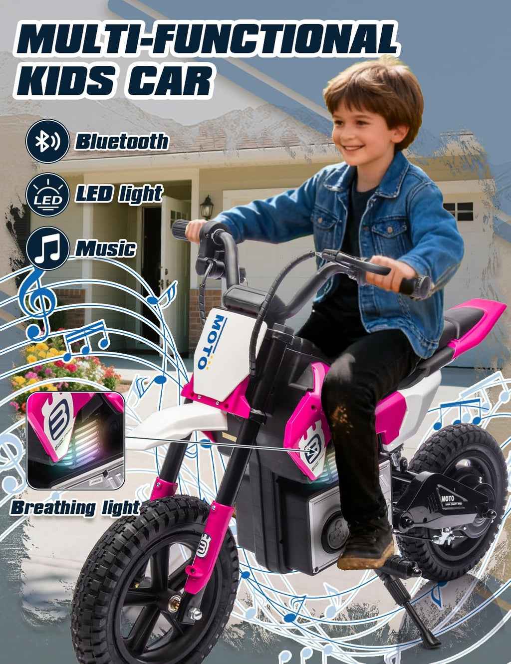 Electric Motorcycle for Kids Ages 5-10, 24V 200W Higher Speed Electric Dirt Bike, Kids Ride On Motorcycle with Rear Wheel Shock Absorber, LED Breath Light, Bluetooth, Music, Horn, Pink
