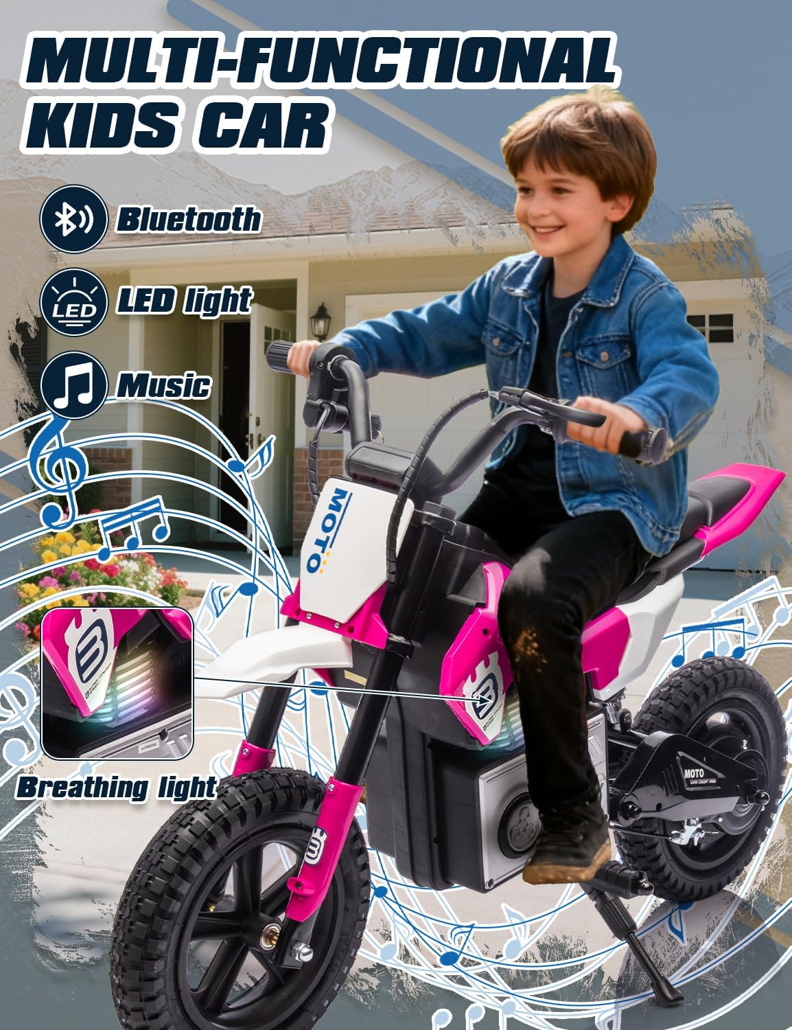 Electric Motorcycle for Kids Ages 5-10, 24V 200W Higher Speed Electric Dirt Bike, Kids Ride On Motorcycle with Rear Wheel Shock Absorber, LED Breath Light, Bluetooth, Music, Horn, Pink