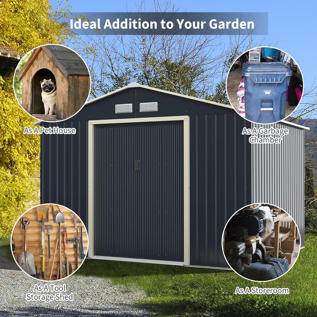 Goplus Outdoor Storage Shed, 9' X 8' Metal Garden Shed with 4 Vents & Double Sliding Door, Utility Tool Shed Storage House for Backyard, Patio, Lawn