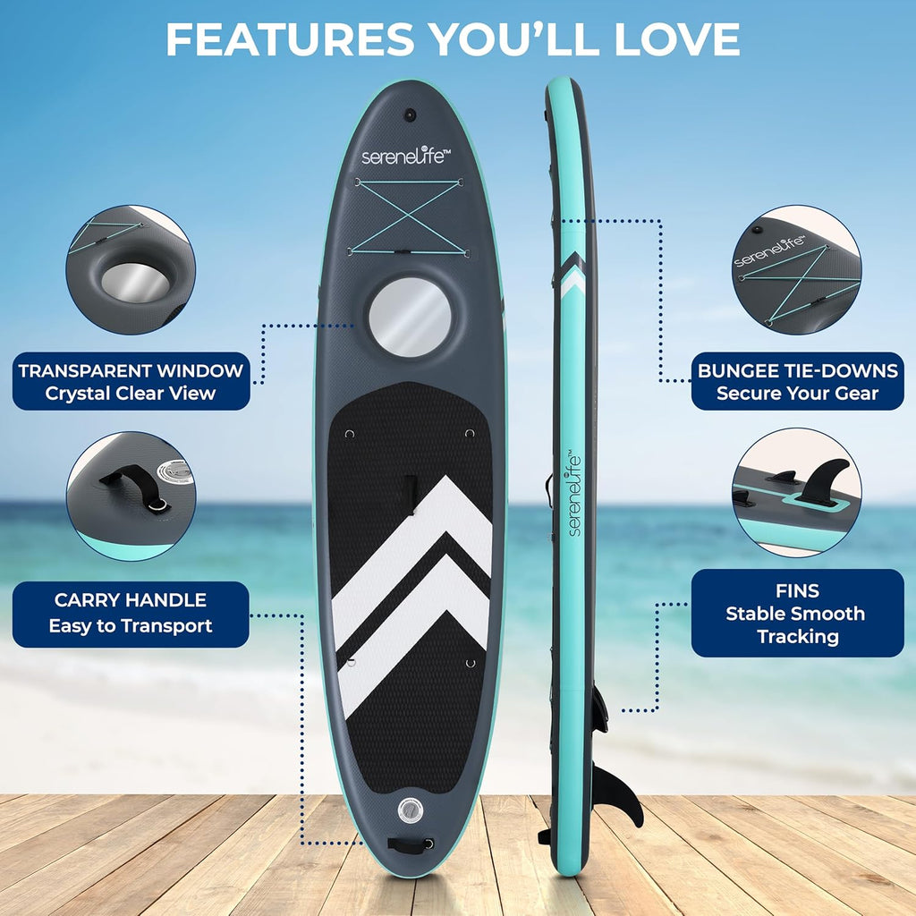SereneLife 10'6' Inflatable Stand-Up Paddle Board with Window - 32' Wide Stable Design with Non-Slip EVA Deck Pad, Premium SUP Accessories and GoPro Mount, for Youth and Adults, 350 lbs. Capacity