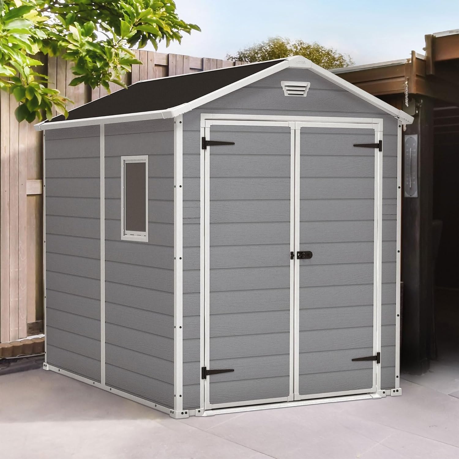 Keter Manor 6x8 Foot All Weather Garden Tool Outdoor Storage Shed with Lockable Double Doors, Fixed Window and Wood-look Resin Walls, Grey