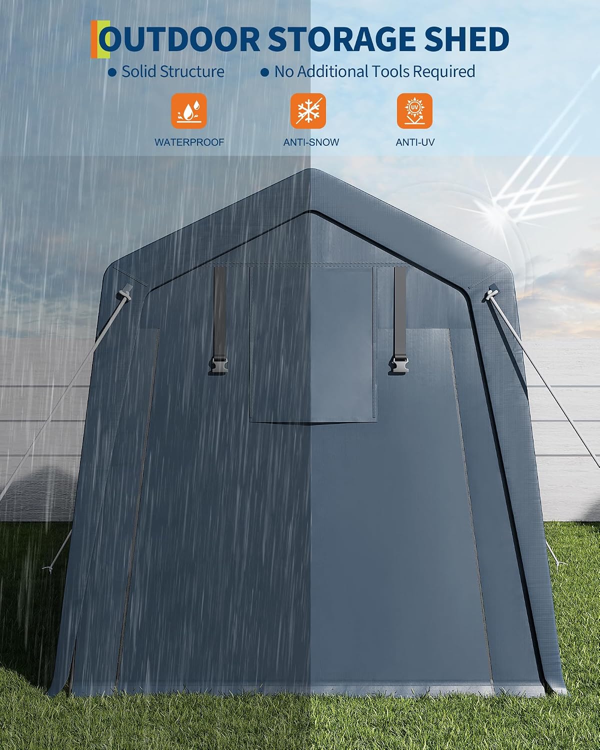 GarveeLife 6x6 ft Portable Outdoor Storage Shed with Roll-Up Zipper Door & Vent, 240G Heavy-Duty Shelter Waterproof PE Tarp, UV-Resistant Carport for Motorcycle, Firewood, Tools -Gray