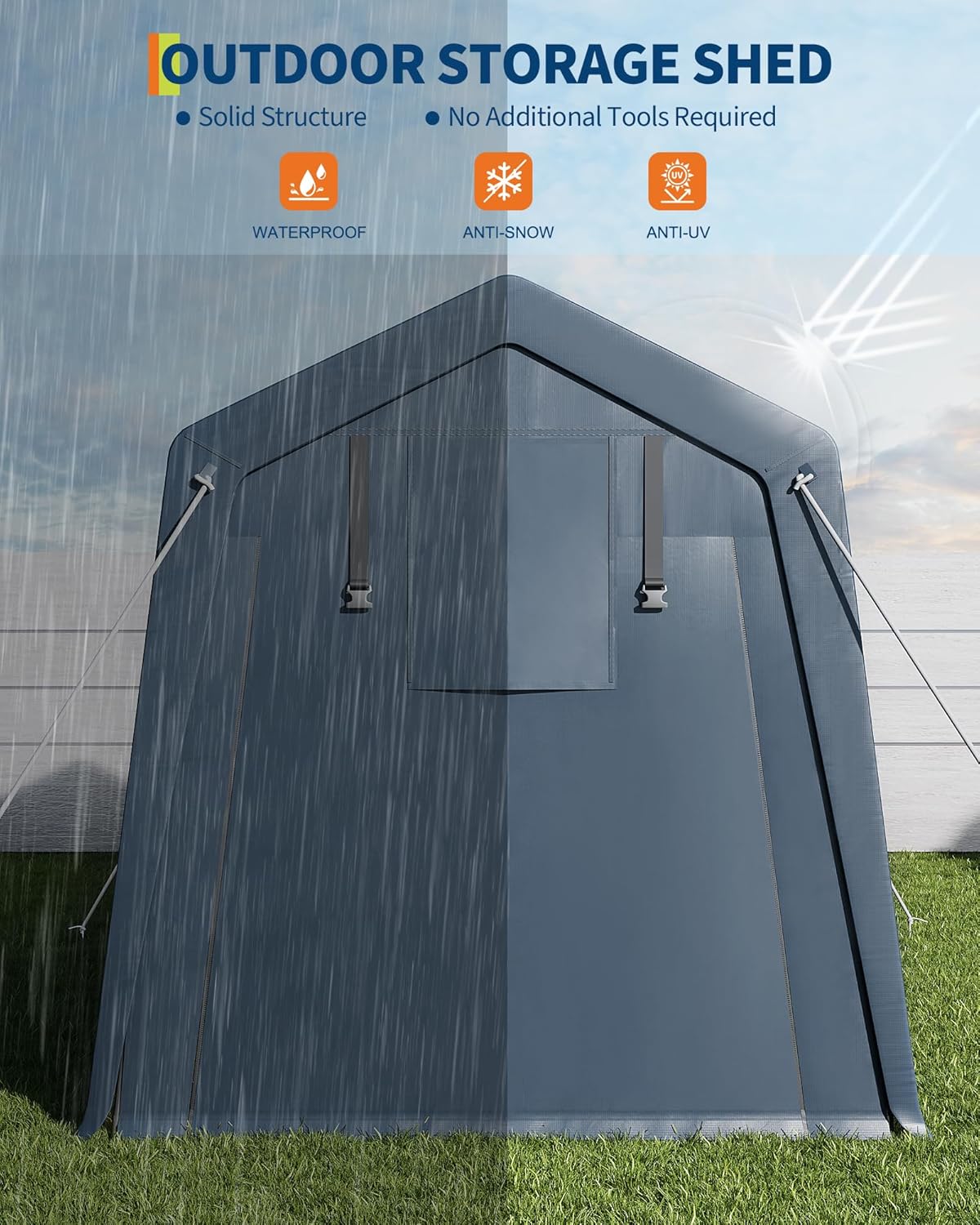 GarveeHome 6x6 FT Portable Outdoor Storage Shed with Roll-Up Zipper Door & Vent, 240G Heavy-Duty Shelter Waterproof PE Tarp, UV-Resistant Carport for Motorcycle, Firewood, Tools -Gray