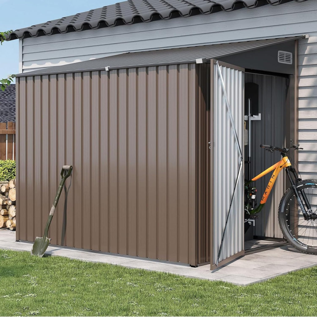 7'x5.5' Lean to Shed Large Storage Room Galvanized Steel Storage Sheds with Side Door Waterproof Utility Shed with Sloped Roof for Mower, Bike, Garden Tools (Brown)