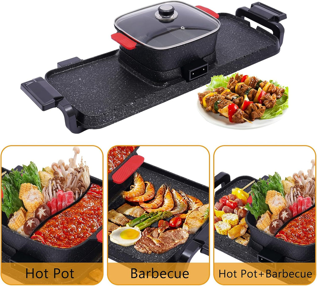 2-in-1 Barbecue Hot Pot, Indoor Korean BBQ & Grill, Non-Stick Electric Shabu Pot with Dual Temperature Control, Smoke-Free Portable Stove for 2-10 People, 110V