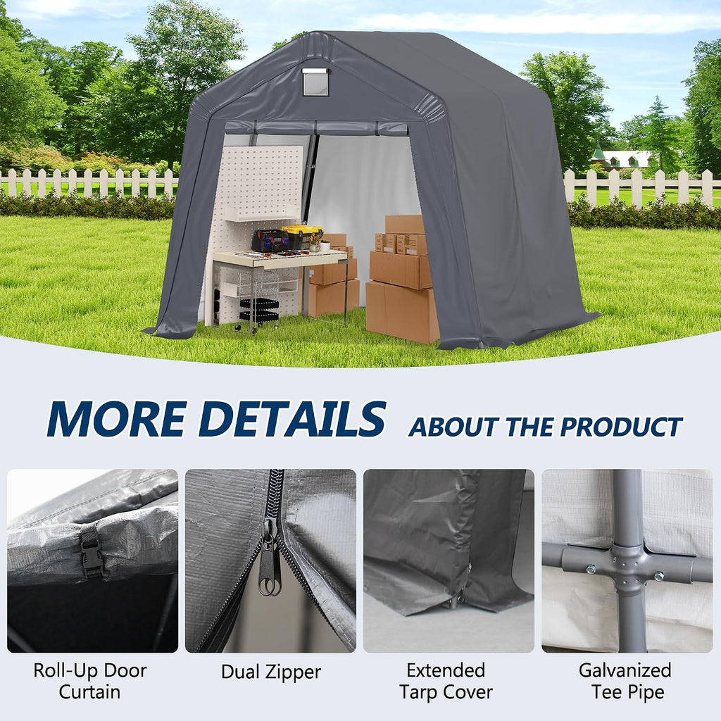 COVERONICS 10' x 10' Outdoor Storage Shed - Heavy Duty Portable Shelter Carport with Ventilation Windows and Roll-up Doors, Storage Shelter Tent for Motorcycle, Bike, Lawnmower and Garden Tools, Grey