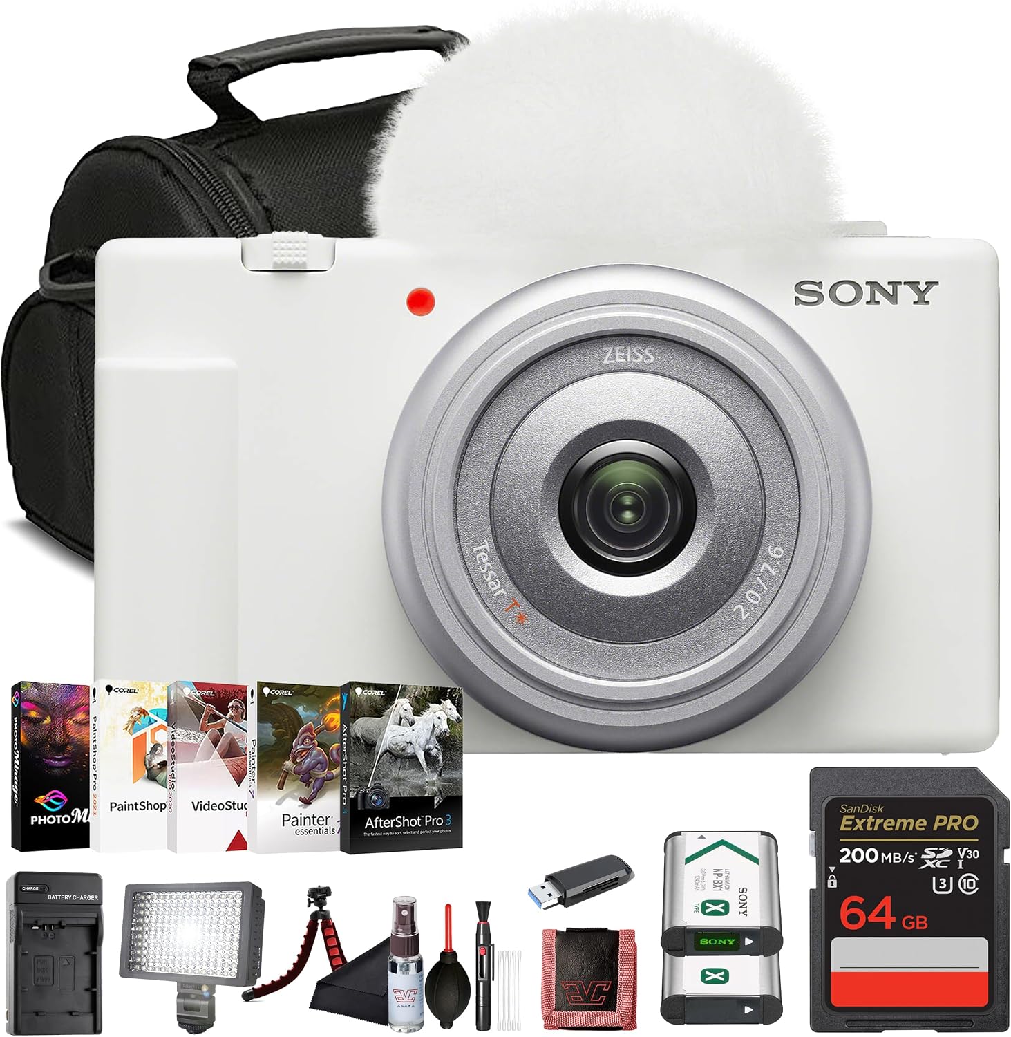 Sony ZV-1 Digital Vlogging Camera White (DCZV1/W) – 20.1 MP 1' Sensor, 24–70 mm ZEISS Lens, 4K HDR Video, Flip Screen w/ 64GB Memory Card, Photo Software, NP-BX1 Battery and More