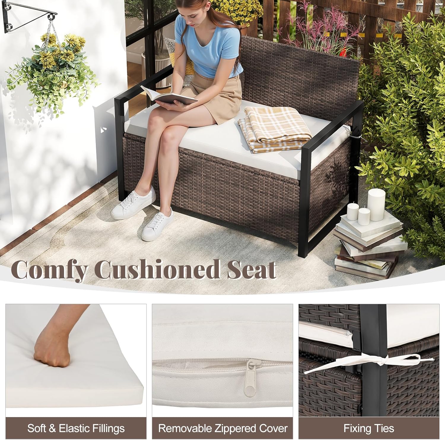 Tangkula 40 Gallon Outdoor Bench with Storage, Patio Wicker Storage Bench with Cushion, Cover, Metal Frame, Deck Box Seat for Backyard, Poolside, Balcony, Garden