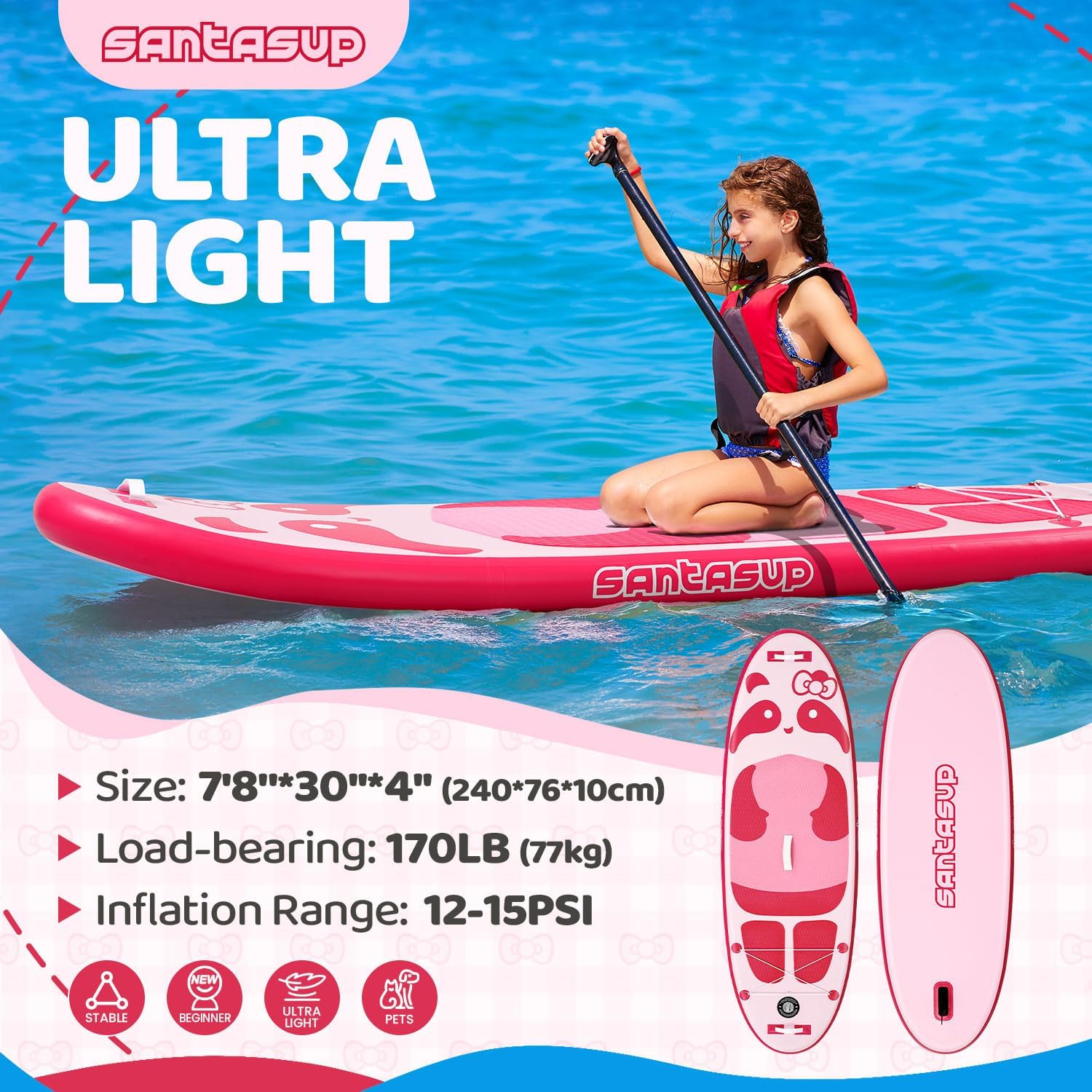 Kids Inflatable Paddle Board, 8ft Panda - Stand Up Paddle Board with Accessories, Durable & Stable Design, Wide Non-Slip Deck, Hand Pump for Youth & Kids