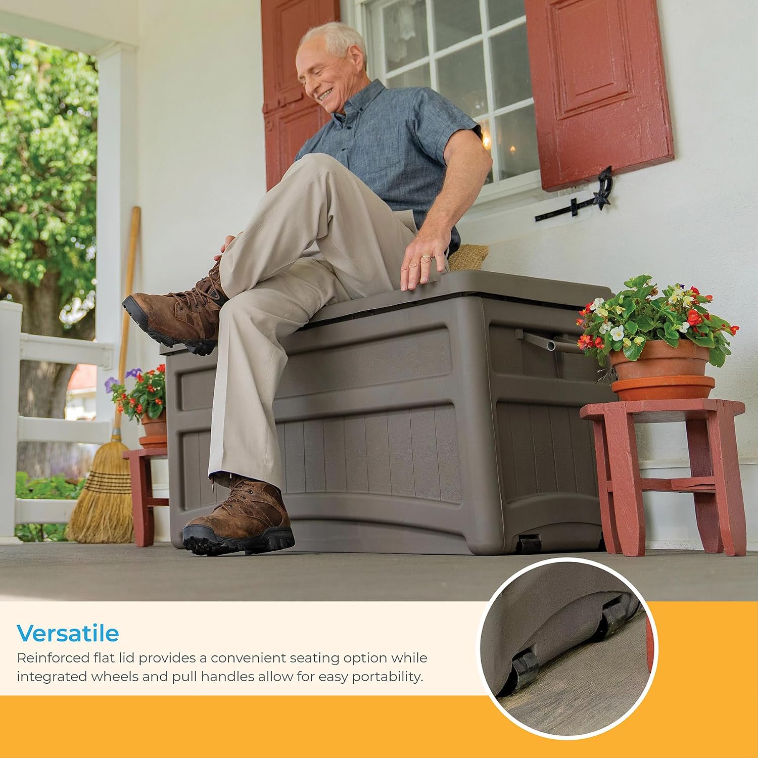 Suncast Outdoor Storage Box - 73 Gallon Stoney Resin Deck Box with Wheels, Handles, and Seat, Heavy-Duty Indoor/Outdoor Storage Bench for Patio Cushions, Shoes, Pool & Garden Gear