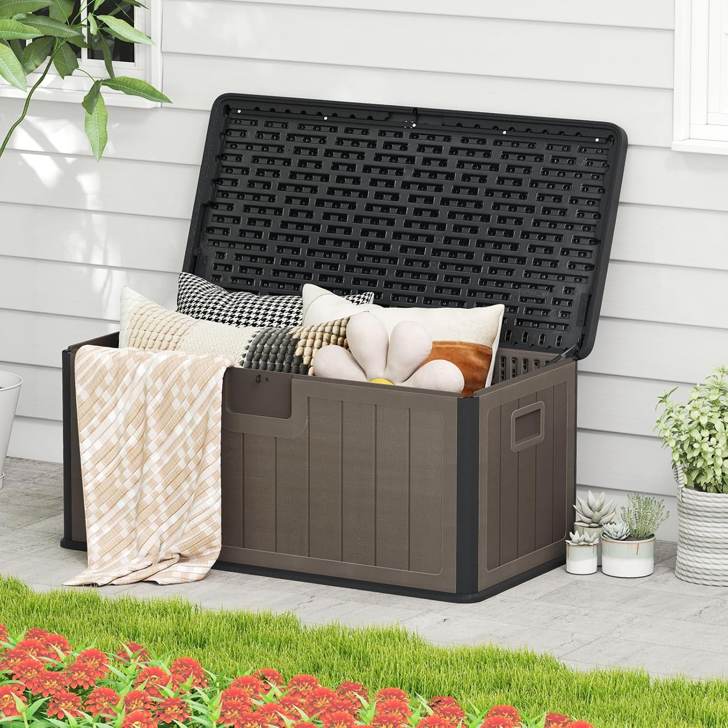Giantex 100 Gallon Deck Box, Waterproof Resin Box with Lockable Lid, 440Lbs Outdoor HDPE Storage Container Bench for Patio Furniture Cushions, Pool Tools & Garden Accessories (Black+Brown)