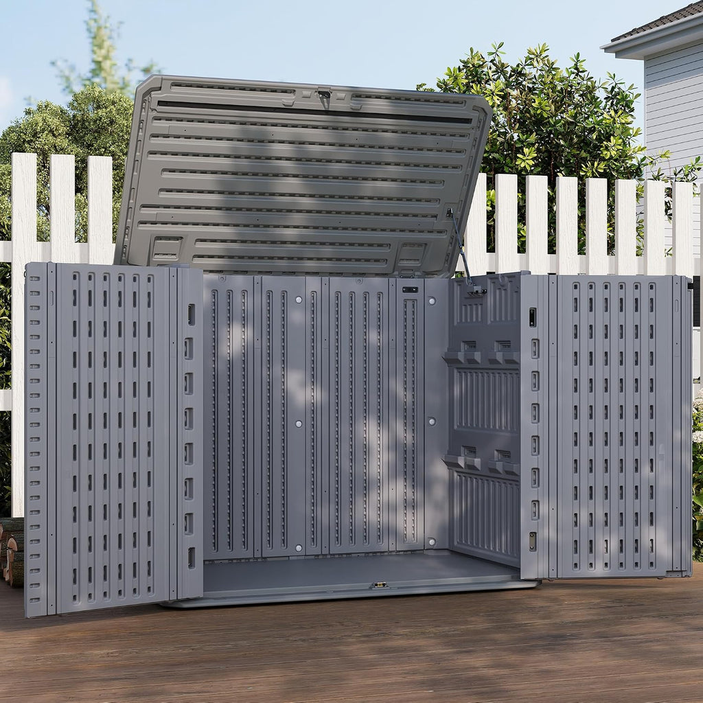 UDPATl0 34 Cu.Ft Horizontal Outdoor Storage Shed, Resin Outdoor Cabinet Waterproof & Lockable for Generator, Garbage Can Garden Tools