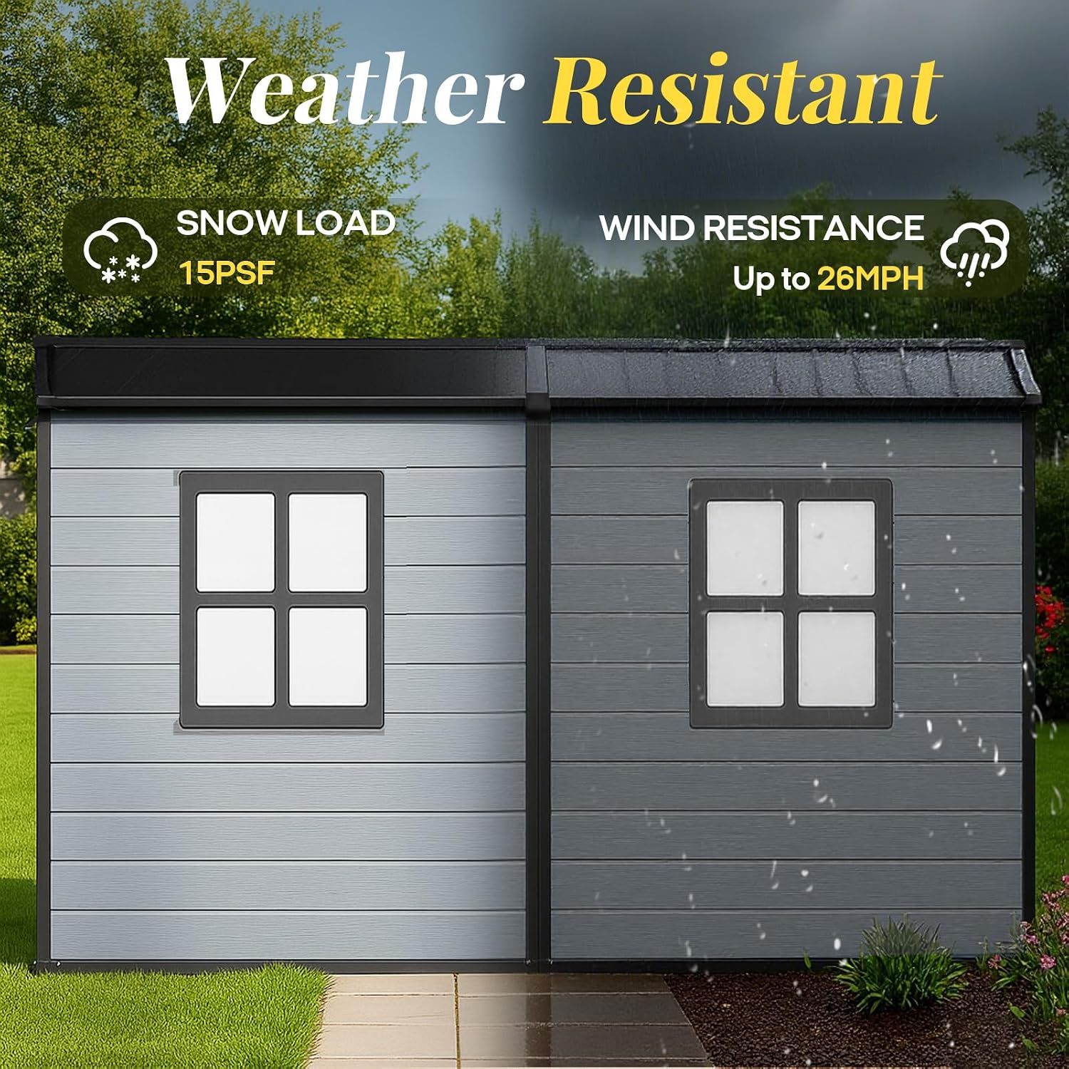 4x8 FT Lean to Shed with Floor, Resin Storage Shed & Outdoor Storage Clearance with 2 Windows, Backyard Storage Sheds for Garden, Patio, Backyard, (Black+Grey)