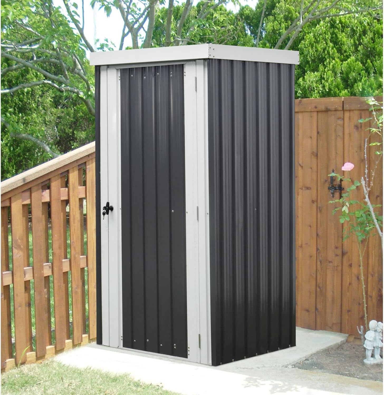 Hanover Galvanized Steel Single Door Patio Storage Shed for Garden Tools with Twist Lock and Key Security, 2 Tool Hooks (3'x3'x6') Dark Gray, White Rust Resistant Outdoor Storage for Yard Supplies