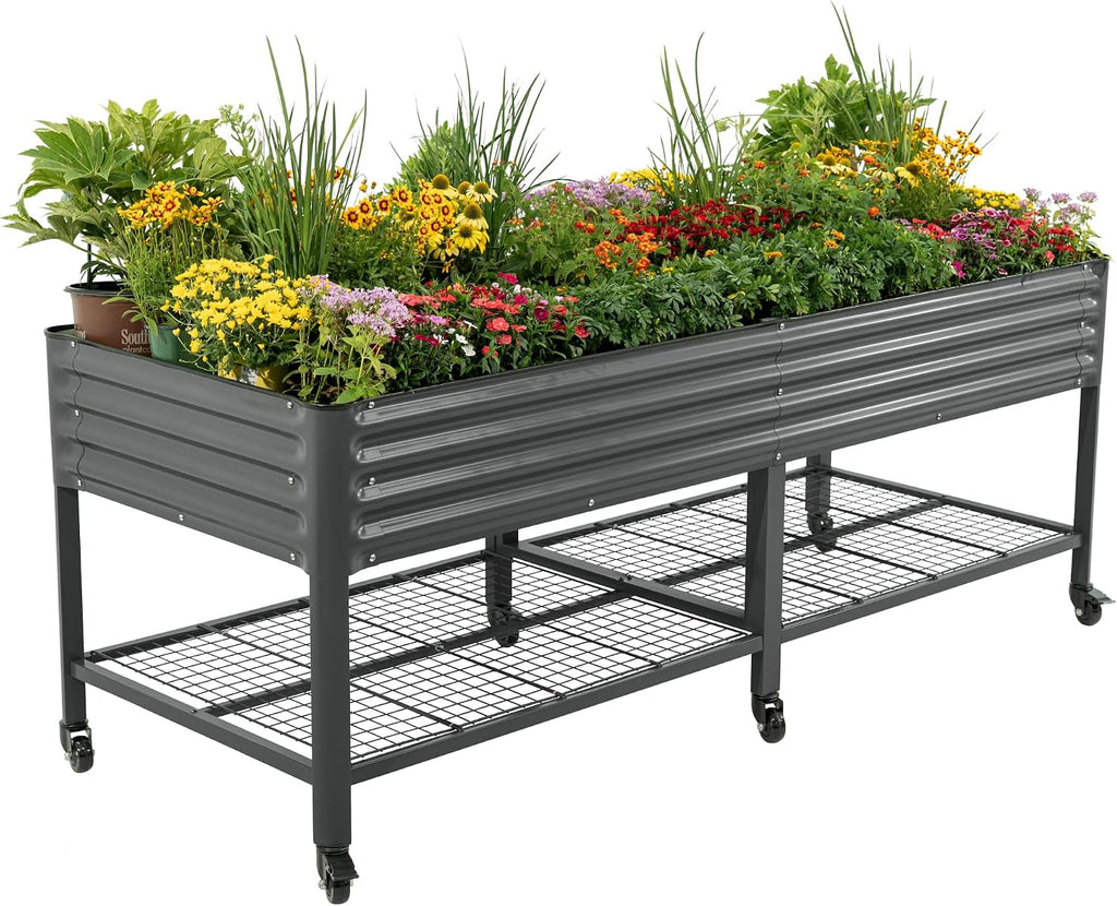 Rolling Elevated Raised Garden Bed - Jumbo Series, 3' x 8' Outdoor Planters Boxes with Legs & Storage Rack for Patio, 2000+ Lbs Weight Capacity, Raised Beds for Gardening Herbs Flowers, Modern Gray