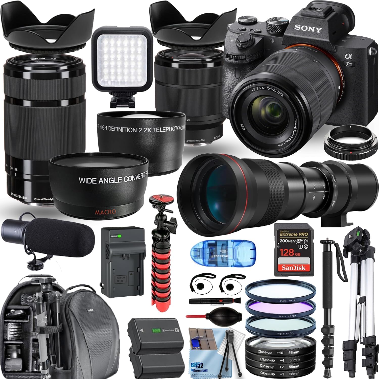 Sony a7 III Full-Frame Interchangeable Lens Camera 24MP 4K w/Sony 28-70mm and 55-210mm f/4.5-6.3 OSS Lenses+420-800mm f/8.3 Telephoto Lens+PRO Accessory Bundle (Renewed)