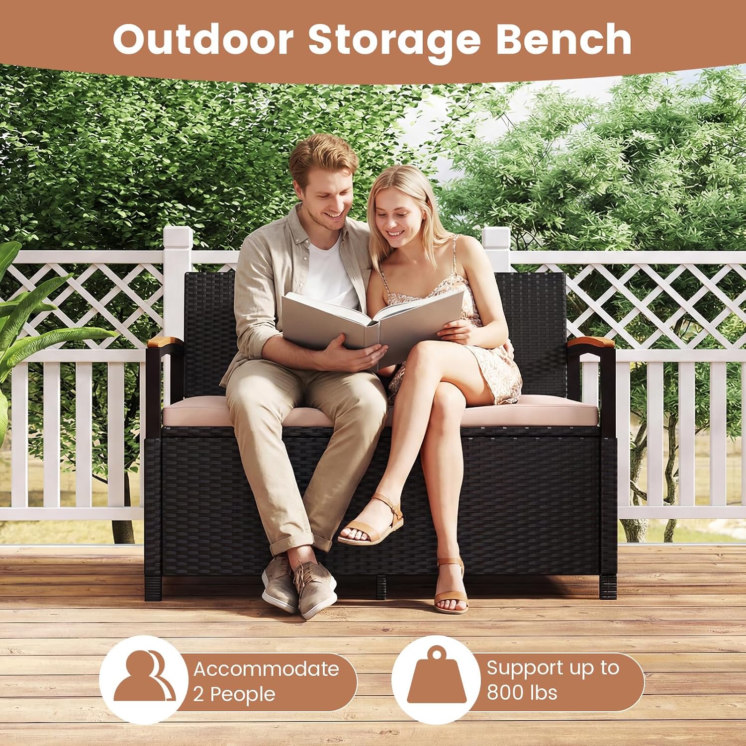 Tangkula 46 Gallon Outdoor Bench with Storage, Outdoor PE Rattan Storage Bench with Cushion, Backrest & Acacia Wood Armrests, Metal Frame, Waterproof Deck Box Seat for Porch Backyard Poolside
