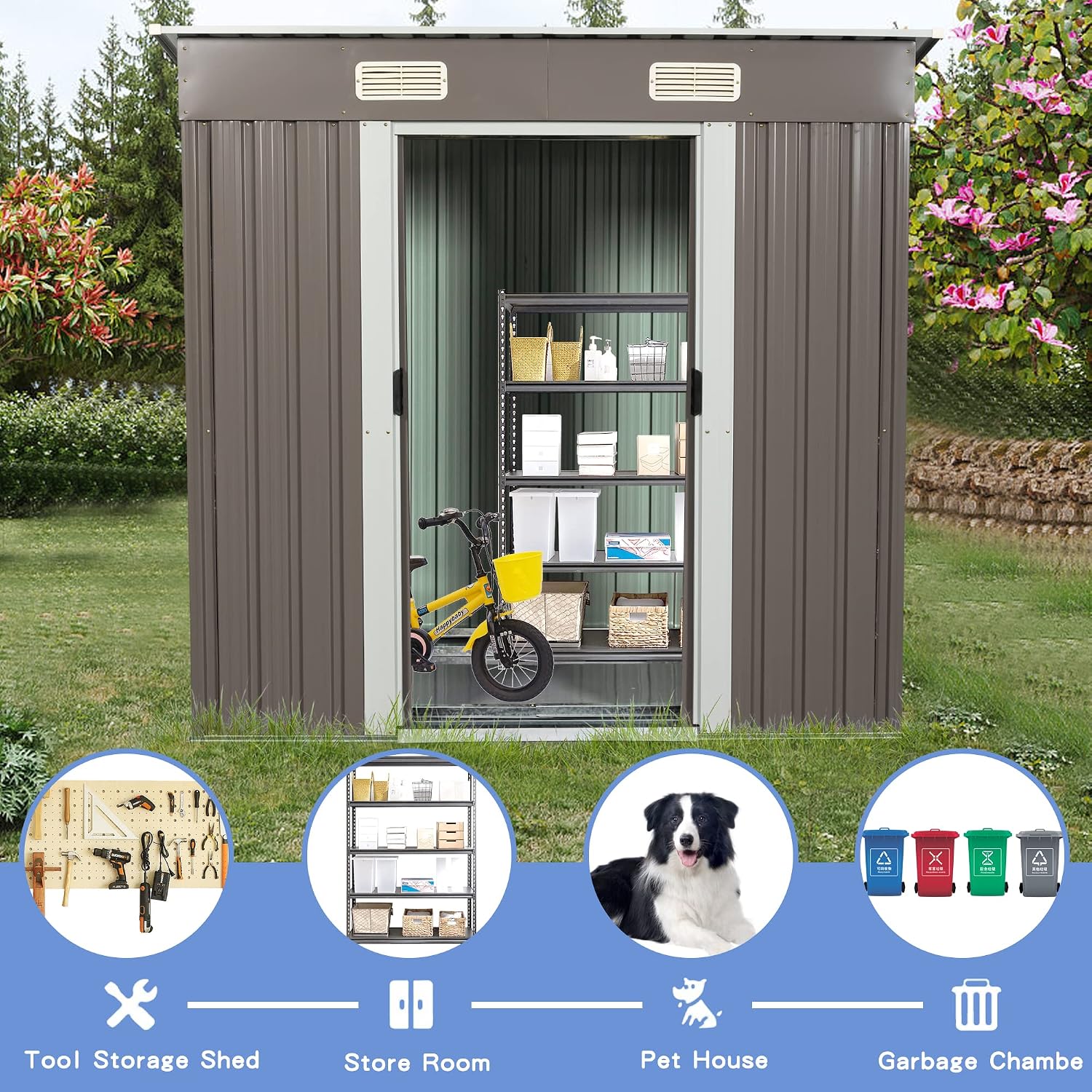 6X4 FT Outdoor Storage Shed, Waterproof Metal Garden Sheds with Lockable Door, Steel Tool Storage Buildings Shed & Outdoor Storage House for Garden, Backyard, Patio, Lawn, Trash Cans(Gray)
