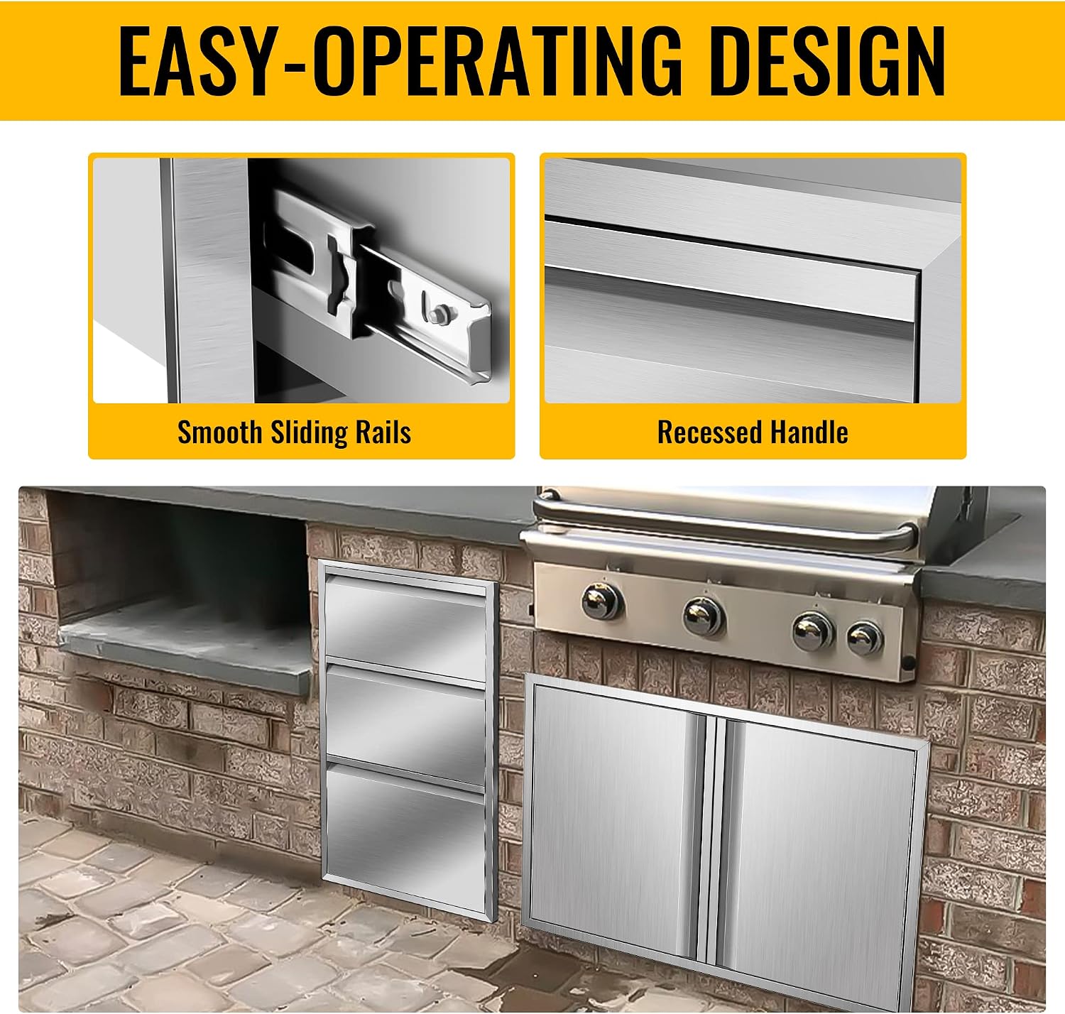 Outdoor Kitchen Stainless Steel Triple Access Drawers 17W x 30H x 21D with Paper Towel Holder Combo for Outdoor Kitchen Island or Grill Station