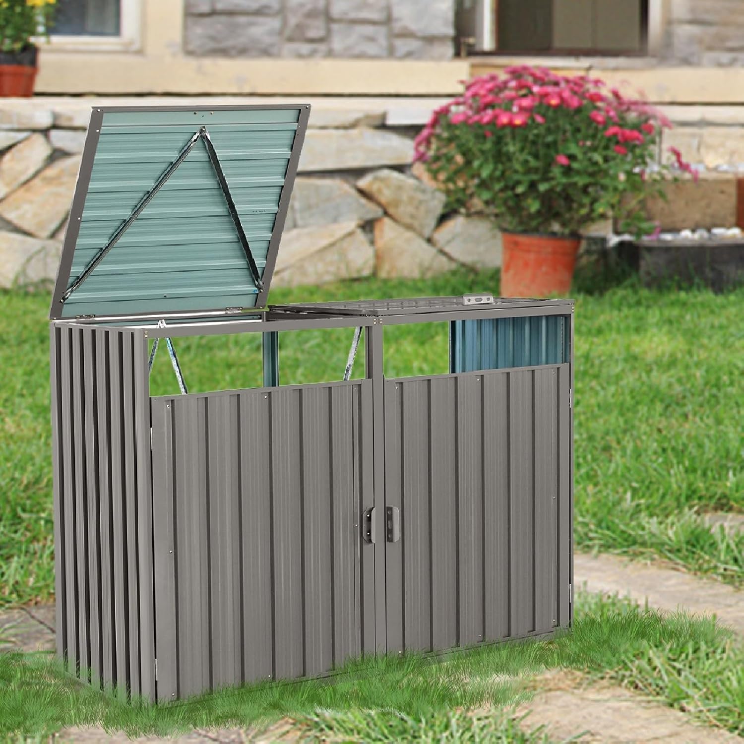 KEIKI 63' Garbage Bin Shed Stores 2 Metal Trash Cans,Outdoor Storage Lockable for Garden Yard Lawn Patio