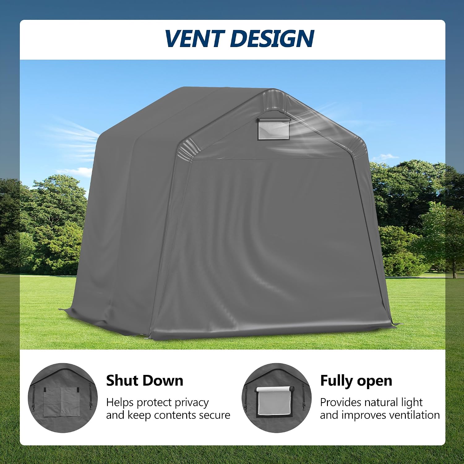 COVERONICS 8' x 8' Outdoor Storage Shed - Heavy Duty Portable Shelter Carport with Ventilation Windows and Roll-up Doors, Storage Shelter Tent for Motorcycle, Bike, Lawnmower and Garden Tools, Grey