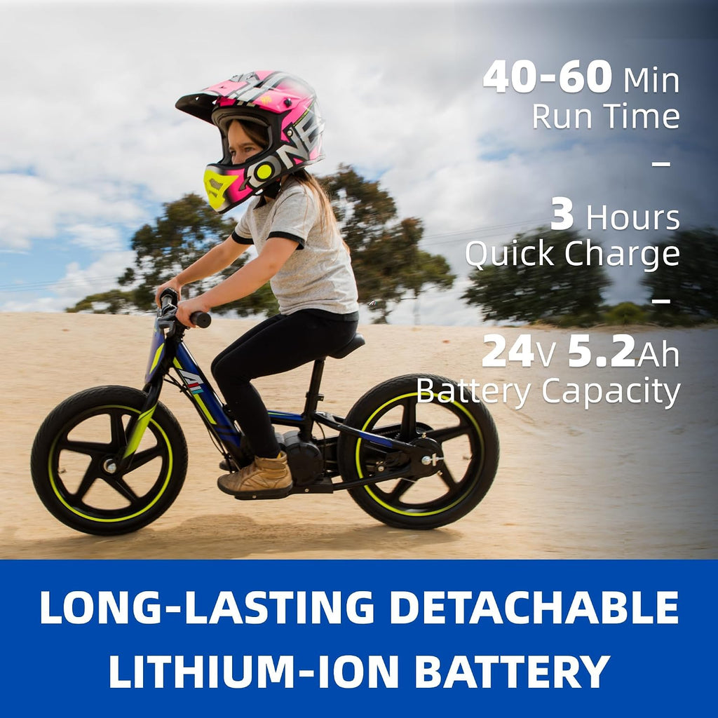AIII Lightweight Electric Dirt Bike for Kids, 170/340W Electric Motorcycle Up to 10/12MPH, 24V Detachable Battery, Hand-Operated Dual Brakes Electric Balance Bike for Ages 3-6/5-12