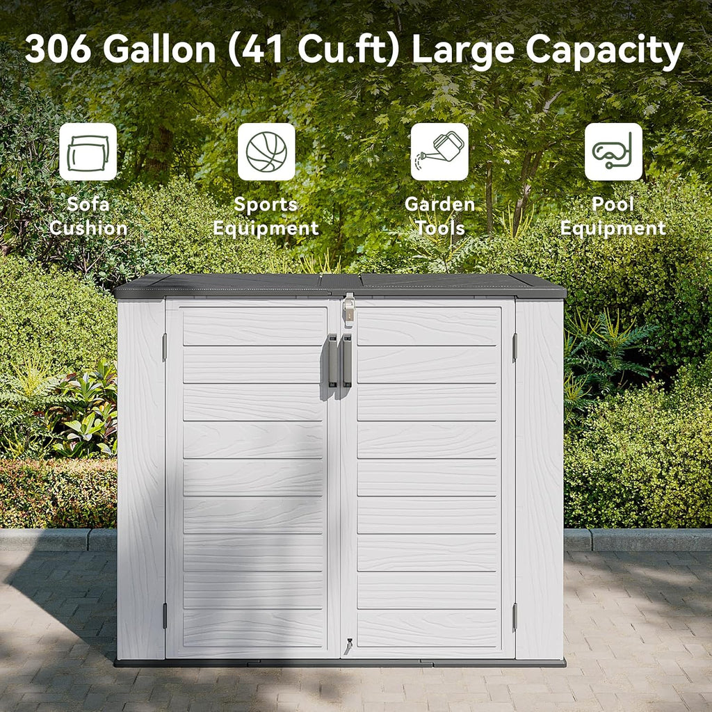 AOXUN Horizontal Storage Sheds 41 Cu.ft, HDPE Outdoor Storage Box 160 Gallon, Waterproof Lockable Resin Deck Box with Spring-Assisted Lid, Patio Storage for Garden, Pool, Cushions, Tools, White