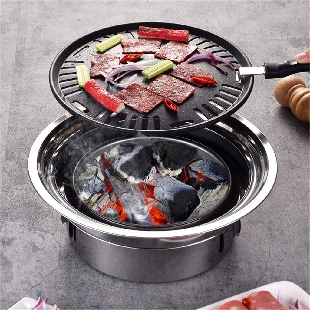 Charcoal BBQ Grill Round Stainless Steel Korean Charcoal Non-Stick s Portable Charcoal Grill for Outdoor Camping BBQ Charcoal Grill